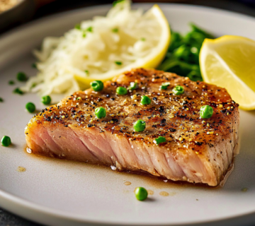 a piece of fish with vegetables on a plate